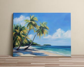 Puede incluir: Una pintura que representa una escena de playa tropical con palmeras y agua turquesa. El cielo es azul con nubes blancas. La playa es de arena blanca.