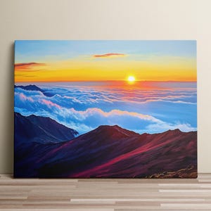 Haleakalā Sunrise Canvas Print – Vibrant Hawaiian Mountain Sunset Wall Art, Cloudscape Painting, Nature Home Décor Gift
