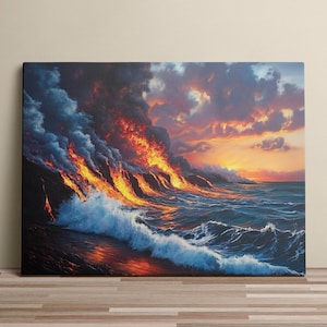 Kilauea Volcano Lava Flow Canvas Print | Hawaii Big Island Fiery Sunset Wall Art | Dramatic Nature Landscape Painting