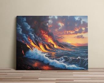 Kilauea Volcano Lava Flow Canvas Print | Hawaii Big Island Fiery Sunset Wall Art | Dramatic Nature Landscape Painting
