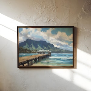 Hanalei Pier Oil Painting Wall Art Kauai - Coastal Canvas Print with Mountains - Hawaiian Decor Gift