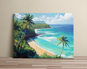 Cuadro de playa tropical: arte mural costero, impresión con vista al mar, paisaje marino con palmeras, decoración de playa hawaiana para el hogar