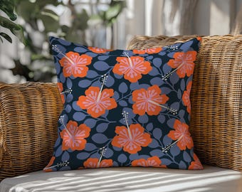 Cojín de exterior de hibisco naranja y rosa: decoración floral tropical para patio, resistente a los rayos UV y al agua, un cojín o funda con un toque veraniego.