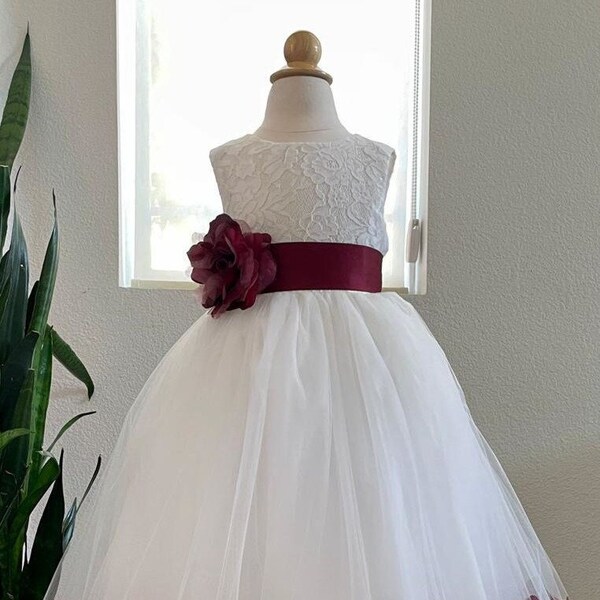 Ivory Burgundy Floral Lace Heart Cutout Flower Girl Dress with Petals