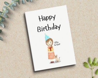 Printable Happy Birthday cards, Free PNG sticker file, Printable cards, Happy Birthday, Girl, Cat, Gifts for you, Printable, cards, Birthday