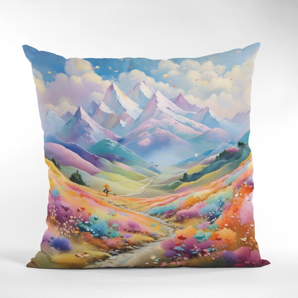 Vibrant Mountain Vista: Hyper-Realistic Throw Pillow, Unique Home Decor, Accent Pillow, Home Accent, Two-sided Pillow