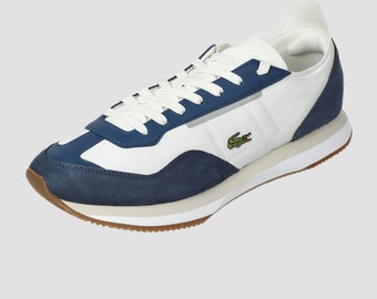 LACOSTE Contrasting TRIM Match Break SNEAKERS In White And Dark Blue - Textile Lace Closure Shoes