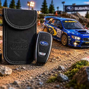 May include: Black Faraday Solutions key fob protector with a Subaru key fob and a blue Subaru rally car. The key fob protector has a handle and the text "FARADAY SOLUTIONS". The car has the number "43" on the side.