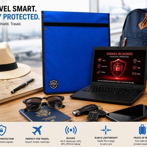 Puede incluir: Una funda para portátil Faraday de color azul brillante con borde negro y un logotipo de escudo. La pantalla muestra el texto SIGNAL BLOCKED. YOUR DATA, PROTECTED. junto con iconos de Wi-Fi, Bluetooth, GPS, NFC y RFID para bloquear señales.
