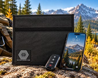 May include: A black rectangular Halcyon Faraday Case with a hexagonal logo patch, a black car key fob with four buttons, and a smartphone displaying a mountain landscape screen, all arranged together on a textured, mossy rock surface.