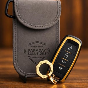 May include: A grey fabric Faraday pouch with a black carabiner and the text MOBILE DEVICE FARADAY SOLUTIONS mtdfe.com printed on the front, paired with a black and gold car key fob featuring a gold hexagonal ring and four control buttons.