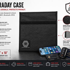May include: Black Faraday case, 10" x 10", designed to block signals and protect privacy. Features water-resistant nylon cloth and dual-layer shielding. Includes a phone, credit card, car key, and passport.