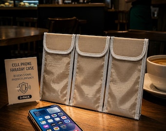 May include: A set of three tan, rectangular Faraday cases with fold-over flaps and light-colored trim, positioned next to a smartphone and a small sign that reads: CELL PHONE FARADAY CASE, BLOCKS SIGNAL, PROTECTS PRIVACY, 3-PACK.