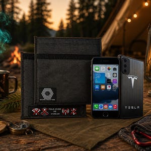 Op de afbeelding: Een zwarte Faraday-hoes en een telefoon met een Tesla-hoes worden op een tafel getoond. De Faraday-hoes heeft een zwarte band en een wit logo. De Tesla-hoes heeft het Tesla-logo en het woord Tesla erop gedrukt. Een mok met de tekst "Explore More" is ook zichtbaar.