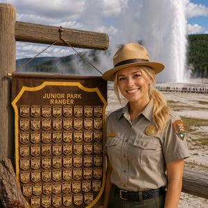 Könnte beinhalten: Ein braunes Stoffbanner mit dem Text JUNIOR PARK RANGER und einem Raster aus kleinen schildförmigen Aufnähern. Das Banner hängt an einem Holzpfosten neben einer Person in beiger Uniform, im Hintergrund ist ein Geysir zu sehen.