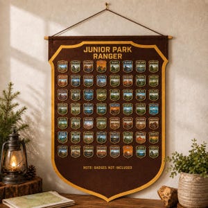National Park Junior Ranger Badge Display | Canvas Wall Banner (60+ Badge Capacity)(Vet Designed)