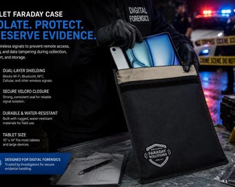 May include: A black tablet Faraday case with a secure Velcro closure and a white logo reading Faraday Solutions. The case features dual-layer shielding to block wireless signals and measures 10 inches by 14 inches to fit most tablets and large devices.