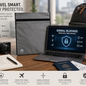 May include: A grey rectangular Faraday bag with a black trim and a small logo patch. The bag is designed to block wireless signals including Wi-Fi, Bluetooth, cellular, GPS, NFC, and RFID. Text on the bag and surrounding area reads TRAVEL SMART. STAY PROTECTED. SIGNAL BLOCKED. YOUR DATA. YOUR PRIVACY.