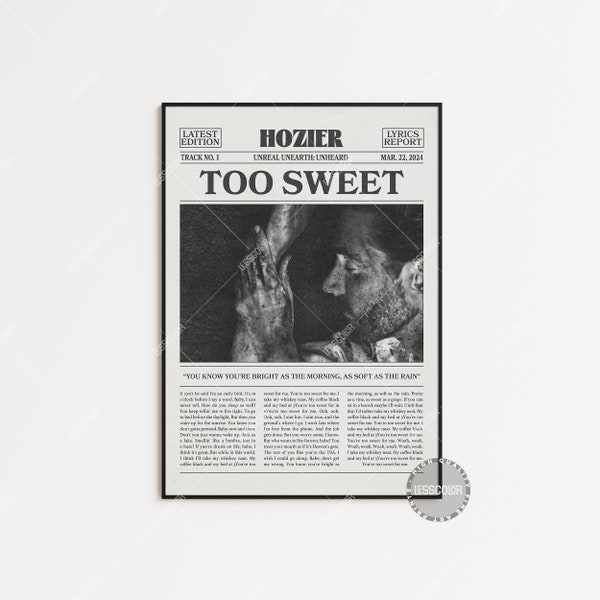 Impression papier journal rétro Hozier, affiche trop douce, impression paroles trop douces, affiche Hozier, Unreal Unearth : Unheard, affiche, LC3