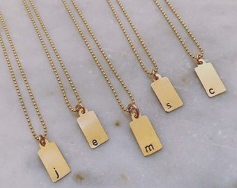 Gold Initial Tag Necklace on ball chain