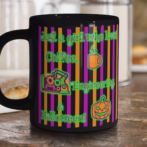 Halloweenmugg med temat Engineering STEM Girl, svart keramik, färgglada ränder, mikrovågs- ​​och diskmaskinssäker 283 ml
