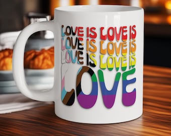 Taza con la bandera del orgullo "Love Is Love Progress", taza de café LGBTQ, regalos LGBTQ, taza del orgullo arcoíris, taza del orgullo LGBTQ, regalo, regalo para ella