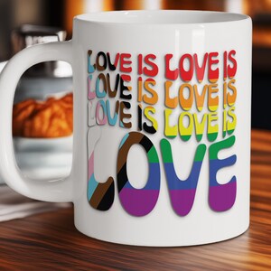 Love Is Love Progress Pride Flag Mug, LGBTQ Coffee Cup, LGBTQ Gifts, Rainbow Pride Mug, LGBTQ Pride Mug, Gift,  Gift for Her