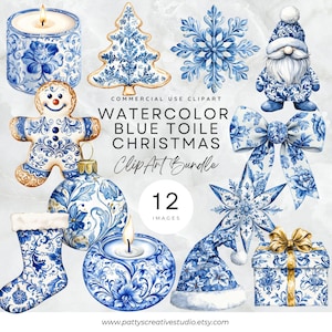 Blau Toile de Jouy Clipart Bundle Weihnachten Geschenk Urlaub Chinoiserie Geschenk Einladung Handwerk Blau Toile De Jouy Schleife Wandkunst