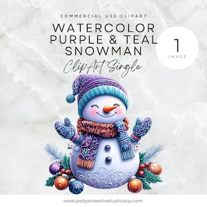 紫のティール雪だるまクリップアートクリスマスカードPNGデジタルダウンロードかわいい雪だるまホリデーパーティー招待状クリップアート陽気な雪だるまスカーフウォールアート