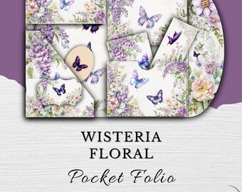 Printable Junk Journal Folio – 12 Piece Wisteria Floral Ephemera Kit – Digital Journal Pages & Inserts JJ001