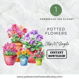 Könnte beinhalten: Aquarellillustration von Topfblumen in verschiedenen Farben, darunter Rosa, Lila und Gelb. Das Bild enthält den Text "Potted Flowers", "Clip Art Single" und "Instant Download". Die Website-Adresse ist ebenfalls sichtbar.
