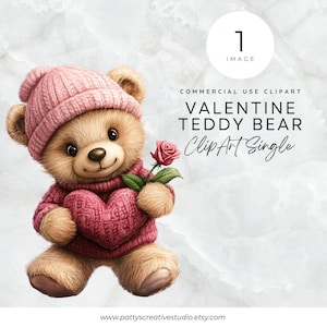 Valentine Teddy Bear with Heart Rose Single Clipart Cute Teddy Bear with Hearts & Roses Romantic Valentine Celebration ClipArt Wall Art PNG