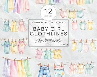 Paquete de imágenes prediseñadas de acuarela de tendedero para niña, manualidades de papel digitales, lindos vestidos para recién nacidos, monos, imágenes prediseñadas de tendedero, tarjetas, invitaciones, manualidades