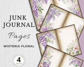 Vintage Wisteria Floral Junk Journal Paper, Garden 4 Digital Pages, Shabby Chic Printable Ephemera JJ001