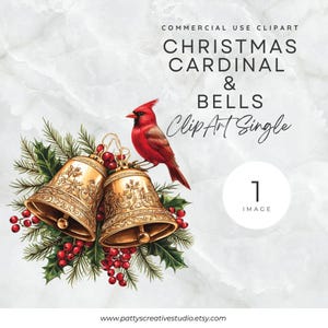 Cardenal navideño y campana floral Clipart Acuarela Cardenal Jingle Bell PNG Invitación navideña, Flores de invierno de Poinsettia Descarga digital