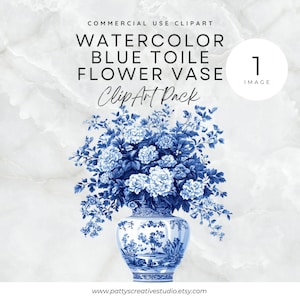 Blue Toile Vase of Flowers 1 Image Clipart Blue Chinoiserie Vase Watercolor Floral Clipart Blue White Floral Wedding Invitation Clipart