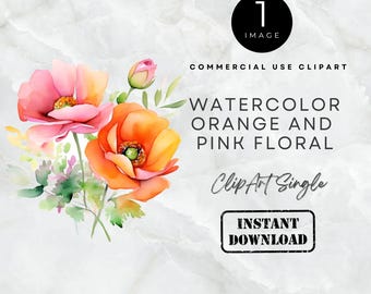 Pode incluir: Uma ilustração em aquarela de flores laranja e rosa com folhagem verde. O texto diz: 1 IMAGE, COMMERCIAL USE CLIPART, WATERCOLOR ORANGE AND PINK FLORAL, ClipArt Single, INSTANT DOWNLOAD, e www.pattyscreativestudio.etsy.com.