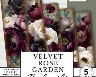 Burgundy Pink Gothic Bookmarks Printable Set of 5 Velvet Rose Garden Floral Digital Bookmark Download PDF Perfect Gift Book Lover Readers