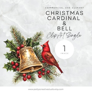 Cardenal navideño y campana floral Clipart Acuarela Cardenal Jingle Bell PNG Invitación navideña, Flores de invierno de Poinsettia Descarga digital