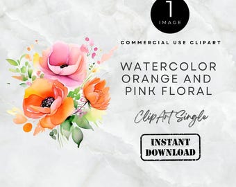 Pode incluir: Uma ilustração digital em aguarela de flores cor de laranja e cor-de-rosa com folhas verdes. O texto diz: 1 IMAGE, COMMERCIAL USE CLIPART, WATERCOLOR ORANGE AND PINK FLORAL, ClipArt Single, INSTANT DOWNLOAD, e www.pattyscreativestudio.etsy.com.