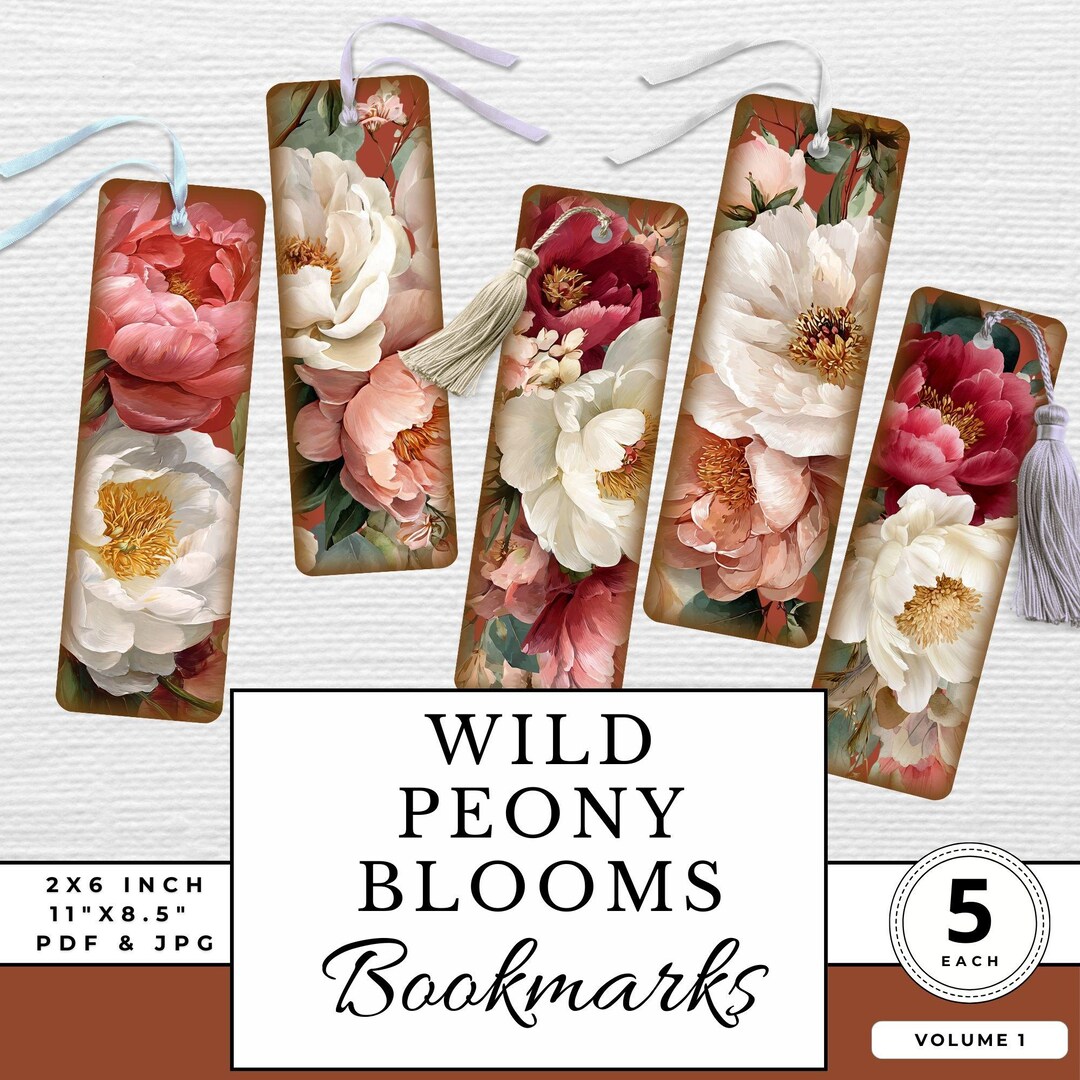 Wild Peony Blooms Bookmarks Printable Set of 5 Peony White Pink Flowers ...
