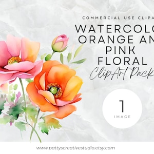 Pink and Orange Floral 1 Image Clipart Orange Pink Watercolor Floral Clipart Spring Flower Instant Digital Download 300DPI Commercial Use