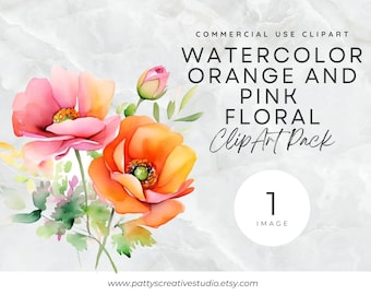 Pink and Orange Floral 1 Image Clipart Orange Pink Watercolor Floral Clipart Spring Flower Instant Digital Download 300DPI Commercial Use