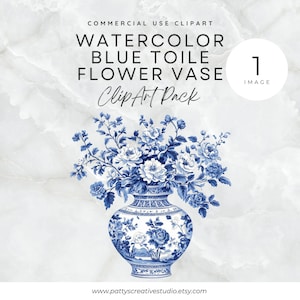 Blue Toile Vase of Flowers 1 Image Clipart Blue Chinoiserie Vase Watercolor Floral Clipart Instant Digital Download 300DPI Commercial Use