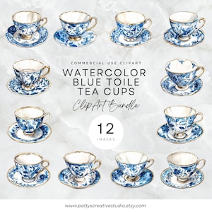 Blue Toile Tea Cup Clipart Bundle Navy Chinoiserie Watercolor Floral Clipart  Blue White Floral Wedding Invitation PNG Wall Art Scrapbooking