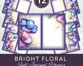 Bright Purple Floral Junk Journal Pages Background Purple Digital Lined Paper Design Art Printable Texture Digital DIY Crafts Scrapbooking