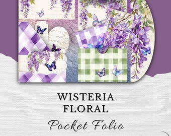 Printable Junk Journal Folio Kit – 19 Piece Wisteria Floral Ephemera Set – Digital Download Journal Papers & Tags JJ001