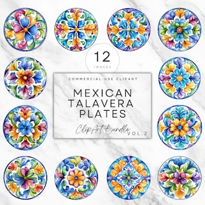 May include: Twelve watercolor illustrations of colorful Mexican Talavera plates. The plates feature intricate floral designs in shades of blue, yellow, pink, and green. The text "Mexican Talavera Plates Clip Art Bundle Vol. 2" is displayed below the plates.