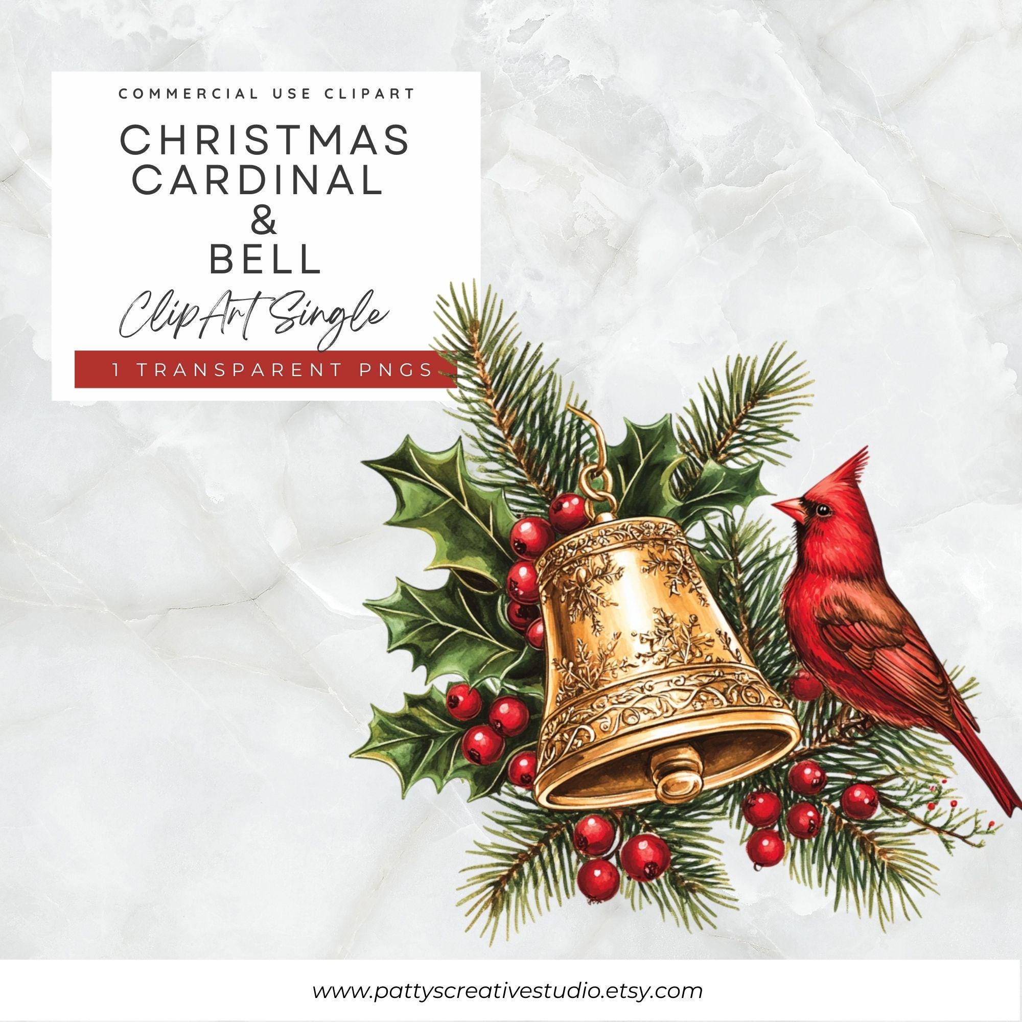 Christmas Cardinal & Bell Floral Clipart Watercolor Cardinal Jingle ...
