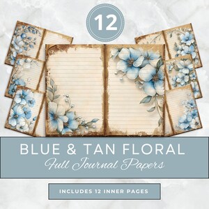 Vintage blauw witte bloemen rommel dagboek bekleed pagina's achtergrond digitale papierontwerpen kunst afdrukbare textuur digitaal papier ambachtelijke scrapbooking